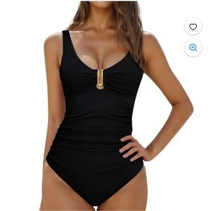 Black One Piece Swimsuit with V-Neck and Ribbed Texture